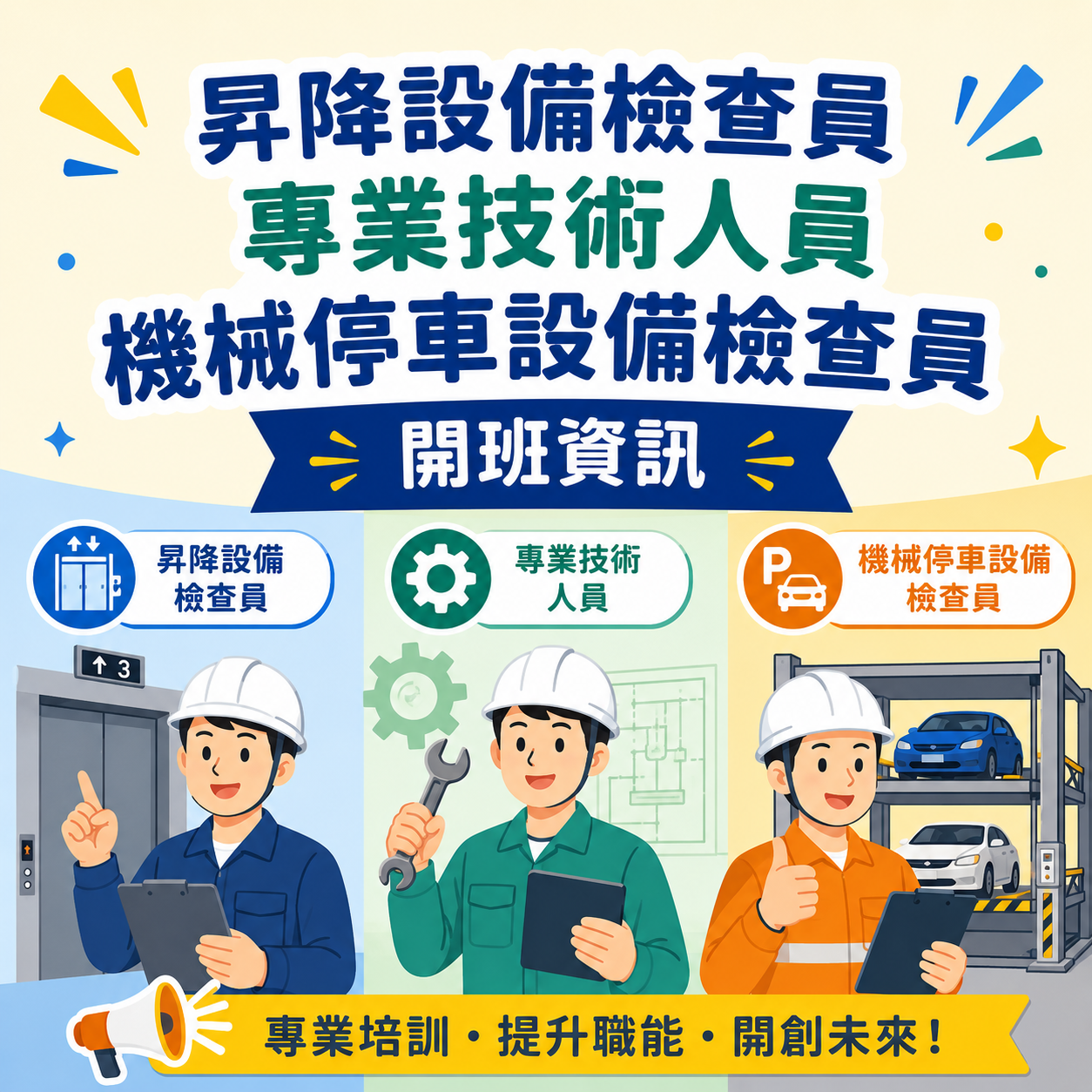 昇降設備檢查員、專業技術人員、機械停車設備檢查員開班資訊(115/05/18更新)